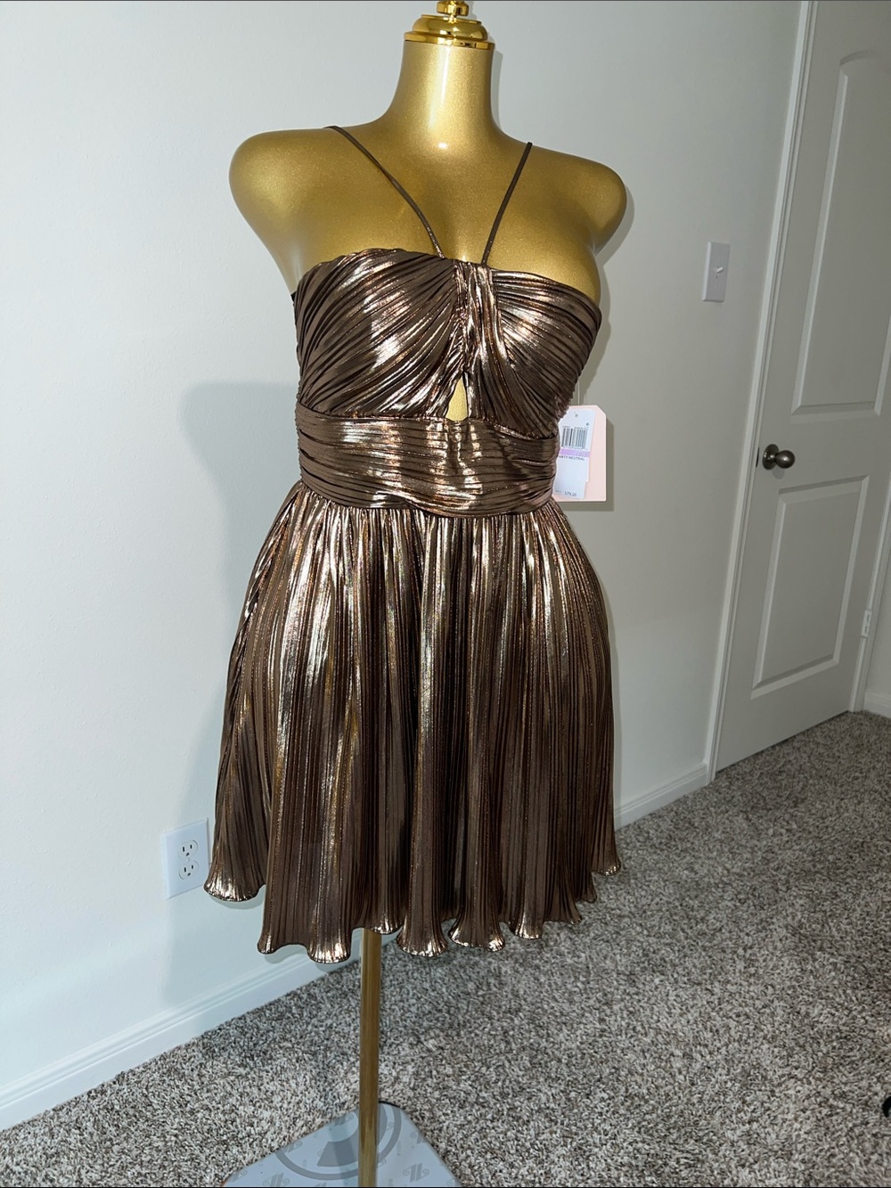 City Studio Metallic Bronze Pleated Mini Dress